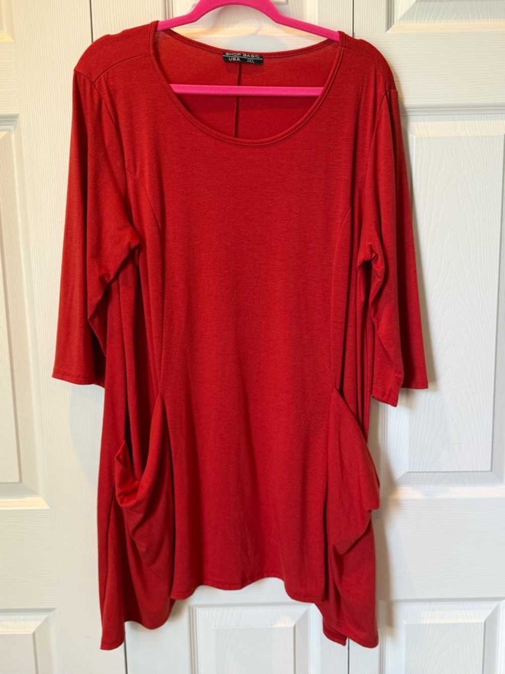 # Rusty Red 2XL Scoop-Neck Long Tunic with Draped Side Pockets